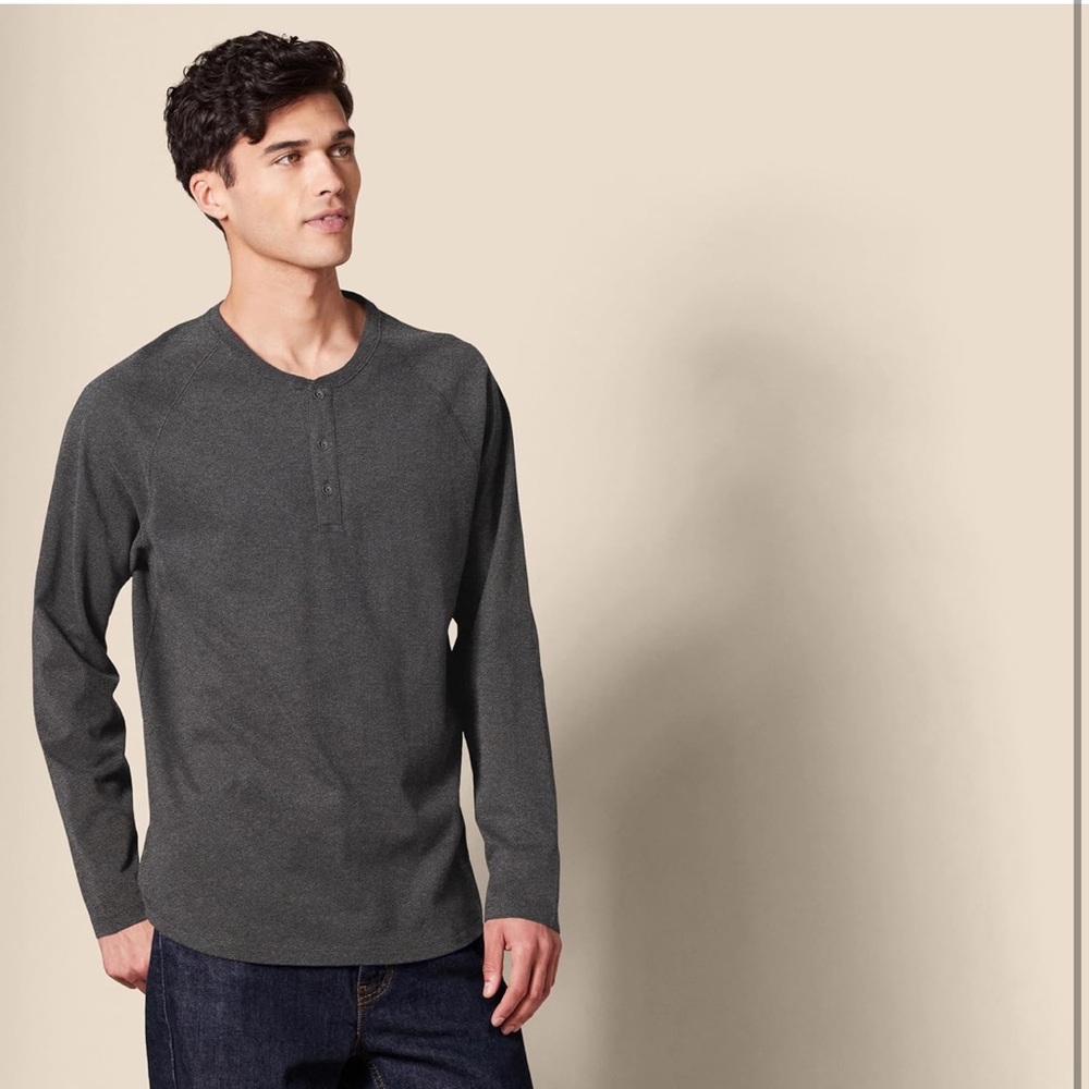 NIP Amazon Essentials Men’s Gray Long Sleeve Henley Shirt Cotton Jersey Medium